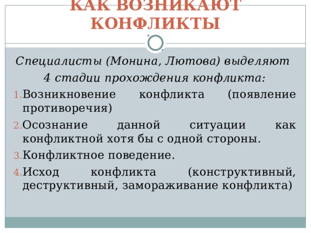КАК ВОЗНИКАЮТ КОНФЛИКТЫ Специалисты (Монина, Лютова) выделяют 4 стадии прохождения конфликта: Возникновение конфликта (появление противоречия) Осознание данной ситуации как конфликтной хотя бы с одной стороны. Конфликтное поведение. Исход конфликта (конструктивный, деструктивный, замораживание конфликта) 