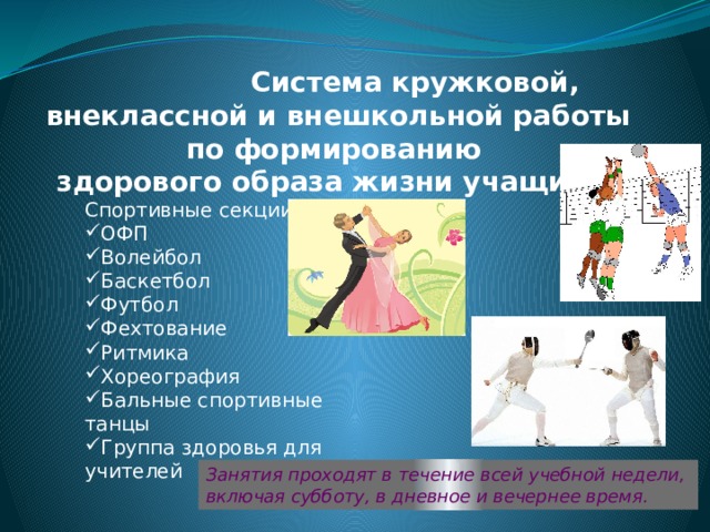  Система кружковой, внеклассной и внешкольной работы по формированию здорового образа жизни учащихся Спортивные секции: ОФП Волейбол Баскетбол Футбол Фехтование Ритмика Хореография Бальные спортивные танцы Группа здоровья для учителей Занятия проходят в течение всей учебной недели, включая субботу, в дневное и вечернее время. 