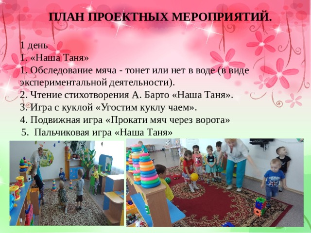 ПЛАН ПРОЕКТНЫХ МЕРОПРИЯТИЙ. 1 день 1. «Наша Таня» 1. Обследование мяча - тонет или нет в воде (в виде экспериментальной деятельности). 2. Чтение стихотворения А. Барто «Наша Таня». 3. Игра с куклой «Угостим куклу чаем». 4. Подвижная игра «Прокати мяч через ворота» 5. Пальчиковая игра «Наша Таня» 
