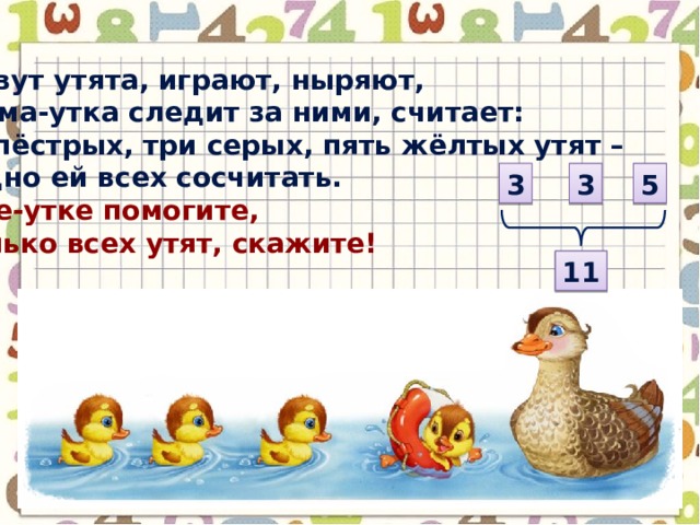 Плывут утята, играют, ныряют, А мама-утка следит за ними, считает: Три пёстрых, три серых, пять жёлтых утят – Трудно ей всех сосчитать. Маме-утке помогите, Сколько всех утят, скажите! 3 3 5 11 