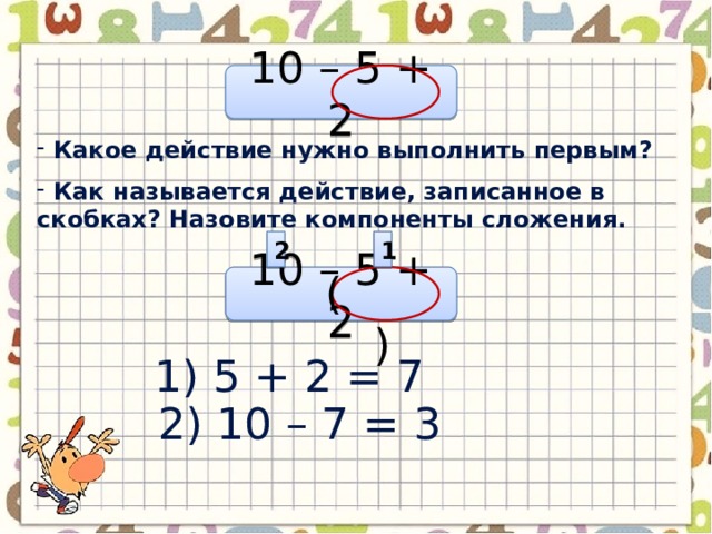 10 – 5 + 2  Какое действие нужно выполнить первым?  Как называется действие, записанное в скобках? Назовите компоненты сложения. 1 2 ( ) 10 – 5 + 2 1) 5 + 2 = 7 2) 10 – 7 = 3 