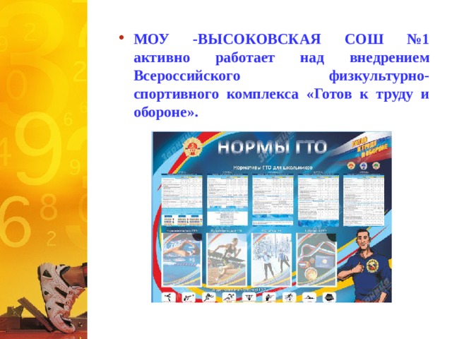 МОУ -ВЫСОКОВСКАЯ СОШ №1 активно работает над внедрением Всероссийского физкультурно-спортивного комплекса «Готов к труду и обороне». 