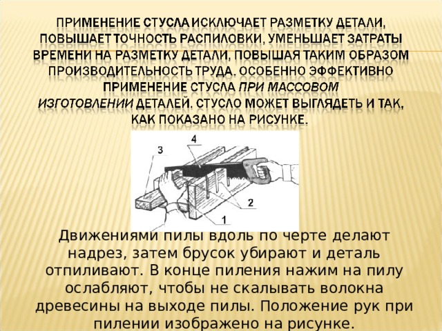 Движениями пилы вдоль по черте делают надрез, затем брусок убирают и деталь отпиливают. В конце пиления нажим на пилу ослабляют, чтобы не скалывать волокна древесины на выходе пилы. Положение рук при пилении изображено на рисунке. 
