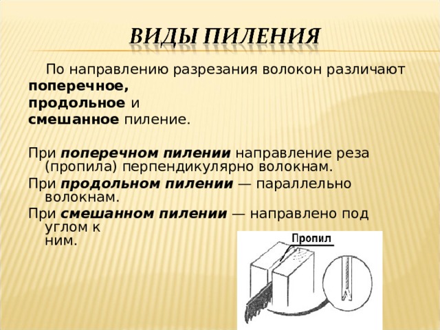  По направлению разрезания волокон различают  поперечное, продольное и  смешанное  пиление. При  поперечном   пилении  направление реза (пропила) перпендикулярно волокнам.  При  продольном пилении  — параллельно волокнам. При  смешанном пилении  — направлено под углом к ним.                                                                                                                              