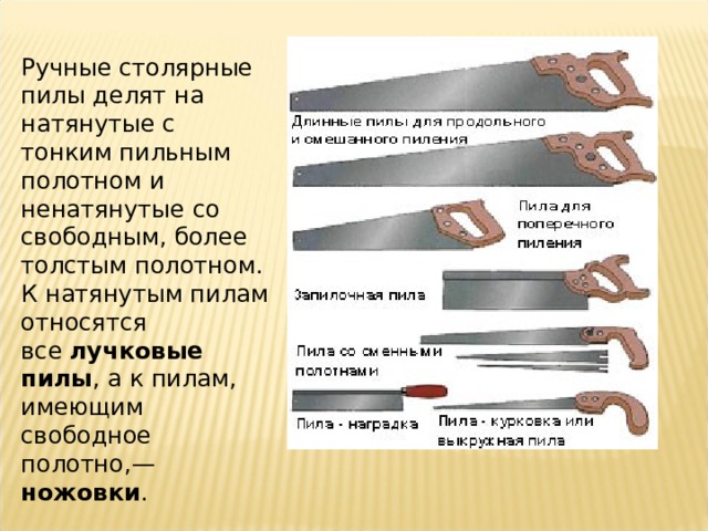 Ручные столярные пилы делят на натянутые с тонким пильным полотном и ненатянутые со свободным, более толстым полотном. К натянутым пилам относятся все  лучковые пилы , а к пилам, имеющим свободное полотно,— ножовки . 