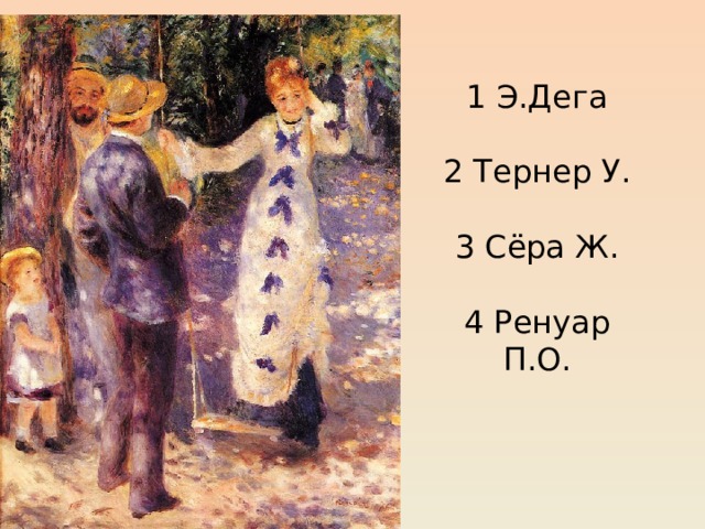 1 Э.Дега   2 Тернер У.   3 Сёра Ж.   4 Ренуар П.О. 