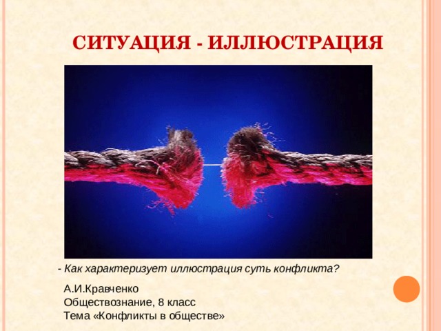 СИТУАЦИЯ - ИЛЛЮСТРАЦИЯ - Как характеризует иллюстрация суть конфликта? А.И.Кравченко Обществознание, 8 класс Тема «Конфликты в обществе» 