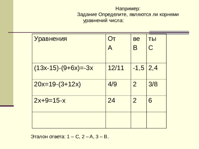 Например: Задание Определите, являются ли корнями уравнений числа: Уравнения ( 13x-15)-(9+6x)=-3x От A 12/11 20x=19-(3+12x) ве B ты C -1,5 4/9 2x+9=15-x 2,4 24 2 3/8 2 6  Эталон ответа: 1 – C, 2 – A, 3 – B. 