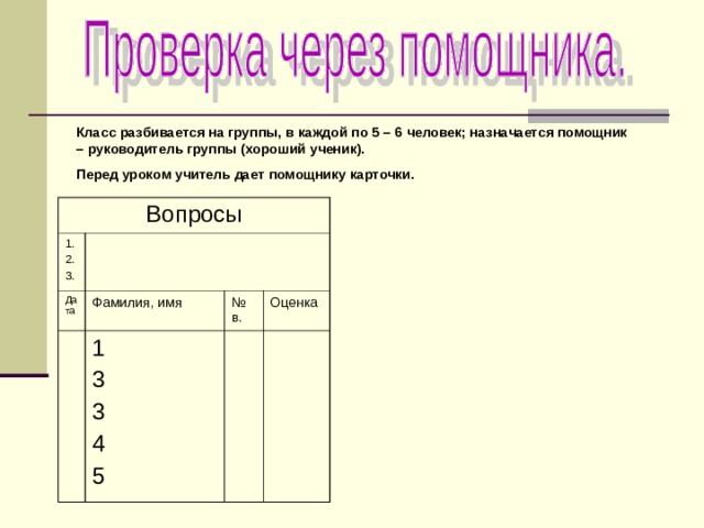 Класс разбивается на группы, в каждой по 5 – 6 человек; назначается помощник – руководитель группы (хороший ученик). Перед уроком учитель дает помощнику карточки. Вопросы 1. 2. 3. Дата Фамилия, имя 1 3 3 4 5 № в. Оценка 