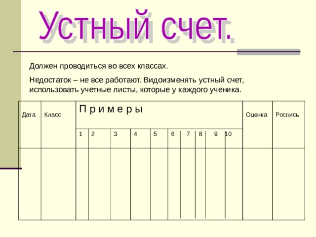 Должен проводиться во всех классах. Недостаток – не все работают. Видоизменять устный счет, использовать учетные листы, которые у каждого ученика. Дата Класс П р и м е р ы 1 2 3 4 5 Оценка 6 7 8 9 10 Роспись 