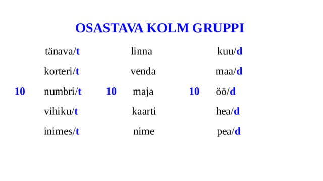  OSASTAVA KOLM GRUPPI  tänava/ t linna kuu/ d  korteri/ t venda maa/ d 10 numbri/ t 10 maja 10 öö/ d  vihiku/ t kaarti hea/ d  inimes/ t nime pea/ d 
