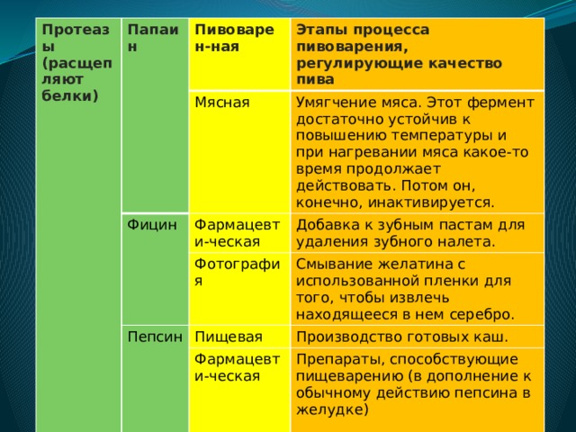Протеазы (расщепляют белки) Папаин Пивоварен-ная Фицин Этапы процесса пивоварения, регулирующие качество пива Мясная Фармацевти-ческая Умягчение мяса. Этот фермент достаточно устойчив к повышению температуры и при нагревании мяса какое-то время продолжает действовать. Потом он, конечно, инактивируется. Добавка к зубным пастам для удаления зубного налета. Пепсин Фотография Смывание желатина с использованной пленки для того, чтобы извлечь находящееся в нем серебро. Пищевая Производство готовых каш. Фармацевти-ческая Препараты, способствующие пищеварению (в дополнение к обычному действию пепсина в желудке) 