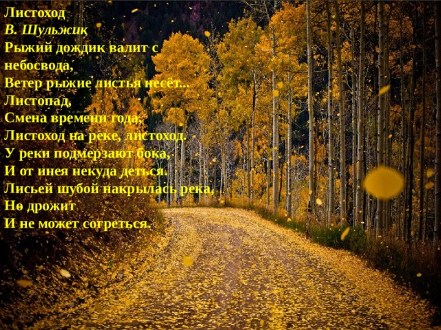 Листоход В. Шульжик  Рыжий дождик валит с небосвода,  Ветер рыжие листья несёт...  Листопад,  Смена времени года,  Листоход на реке, листоход.  У реки подмерзают бока,  И от инея некуда деться.  Лисьей шубой накрылась река,  Но дрожит  И не может согреться. 