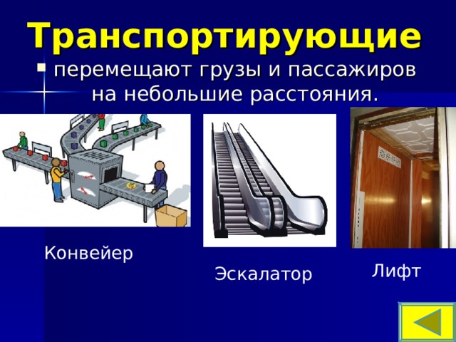 Транспортирующие перемещают грузы и пассажиров на небольшие расстояния.  Конвейер Лифт Эскалатор 
