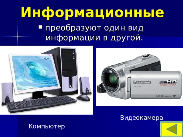 Информационные преобразуют один вид информации в другой.  Видеокамера Компьютер 