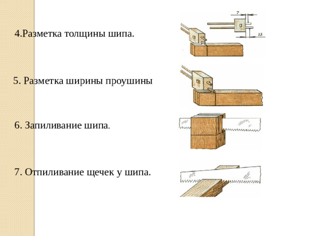4.Разметка толщины шипа. 5. Разметка ширины проушины 6. Запиливание шипа . 7. Отпиливание щечек у шипа. 