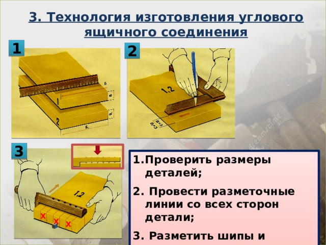 3. Технология изготовления углового ящичного соединения 1 2 3 Проверить размеры деталей;  Провести разметочные линии со всех сторон детали;  Разметить шипы и проушины. ( пометить удаляемые участки  « Х » ). Х Х Х 