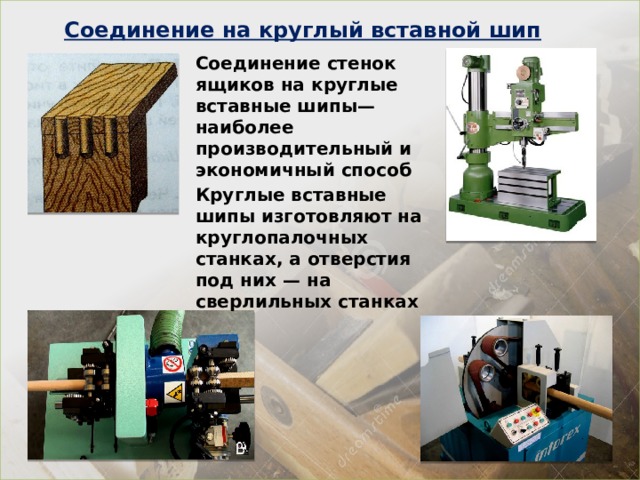 Соединение на круглый вставной шип Соединение стенок ящиков на круглые вставные шипы—наиболее производительный и экономичный способ Круглые вставные шипы изготовляют на круглопалочных станках, а отверстия под них — на сверлильных станках 