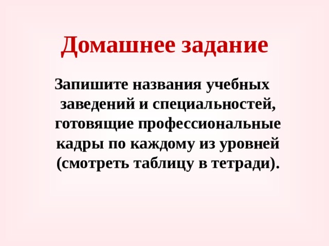 Домашнее задание Запишите названия учебных заведений и специальностей, готовящие профессиональные кадры по каждому из уровней (смотреть таблицу в тетради). 