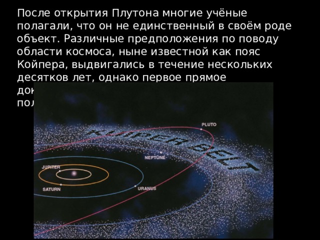 После открытия Плутона многие учёные полагали, что он не единственный в своём роде объект. Различные предположения по поводу области космоса, ныне известной как пояс Койпера, выдвигались в течение нескольких десятков лет, однако первое прямое доказательство его существования было получено только в 1992 году.  