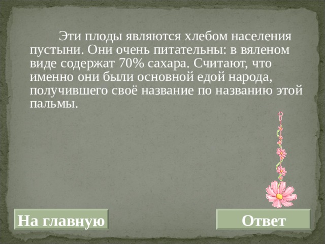  Эти плоды являются хлебом населения пустыни. Они очень питательны: в вяленом виде содержат 70% сахара. Считают, что именно они были основной едой народа, получившего своё название по названию этой пальмы. На главную Ответ 