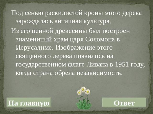Под сенью раскидистой кроны этого дерева зарождалась античная культура. Из его ценной древесины был построен знаменитый храм царя Соломона в Иерусалиме. Изображение этого священного дерева появилось на государственном флаге Ливана в 1951 году, когда страна обрела независимость.  На главную Ответ 