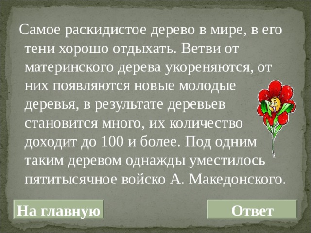  Самое раскидистое дерево в мире, в его тени хорошо отдыхать. Ветви от материнского дерева укореняются, от них появляются новые молодые деревья, в результате деревьев становится много, их количество доходит до 100 и более. Под одним таким деревом однажды уместилось пятитысячное войско А. Македонского. На главную Ответ 