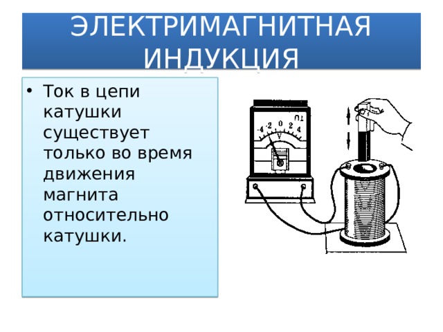 ЭЛЕКТРИМАГНИТНАЯ ИНДУКЦИЯ Ток в цепи катушки существует только во время движения магнита относительно катушки.  