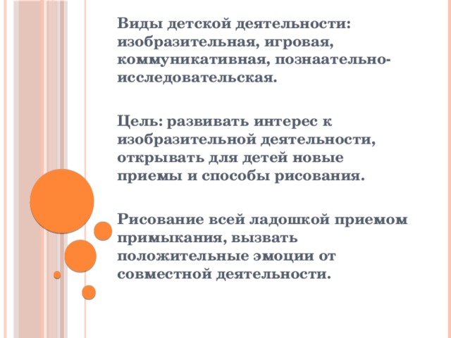 Виды детской деятельности: изобразительная, игровая, коммуникативная, познаательно-исследовательская.  Цель: развивать интерес к изобразительной деятельности, открывать для детей новые приемы и способы рисования.  Рисование всей ладошкой приемом примыкания, вызвать положительные эмоции от совместной деятельности. 