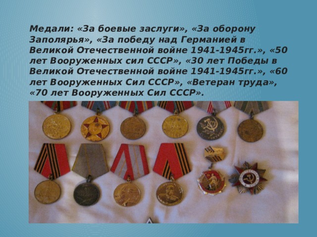 Медали: «За боевые заслуги», «За оборону Заполярья», «За победу над Германией в Великой Отечественной войне 1941-1945гг.», «50 лет Вооруженных сил СССР», «30 лет Победы в Великой Отечественной войне 1941-1945гг.», «60 лет Вооруженных Сил СССР», «Ветеран труда», «70 лет Вооруженных Сил СССР».  