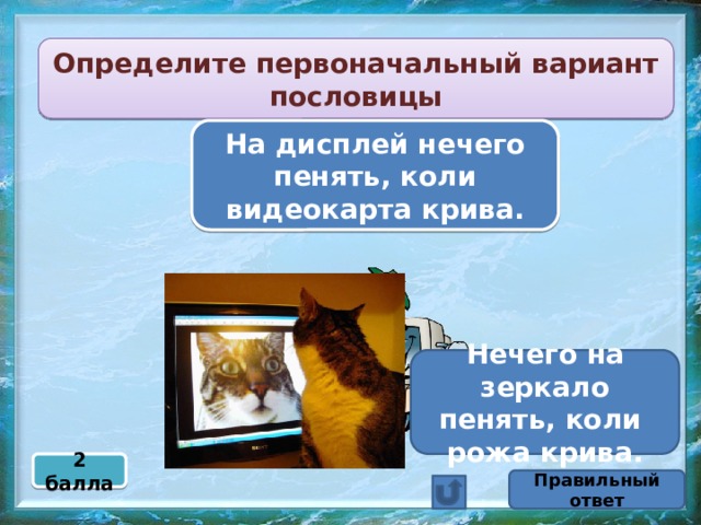 Определите первоначальный вариант пословицы На дисплей нечего пенять, коли видеокарта крива. Нечего на зеркало пенять, коли рожа крива. 2 балла Правильный ответ 