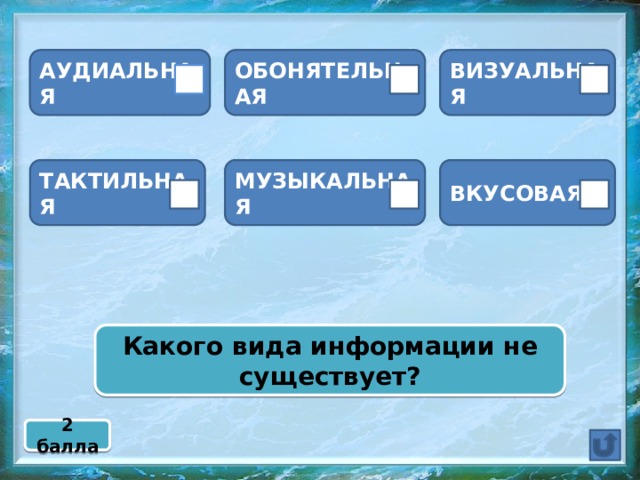 АУДИАЛЬНАЯ ОБОНЯТЕЛЬНАЯ ВИЗУАЛЬНАЯ ТАКТИЛЬНАЯ ВКУСОВАЯ МУЗЫКАЛЬНАЯ Какого вида информации не существует? 2 балла  