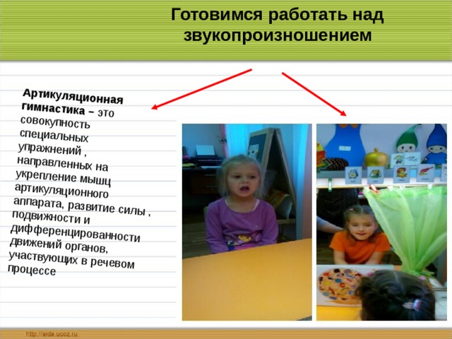 Готовимся работать над звукопроизношением Артикуляционная гимнастика –  это совокупность специальных упражнений , направленных на укрепление мышц артикуляционного аппарата, развитие силы , подвижности и дифференцированности движений органов, участвующих в речевом процессе 