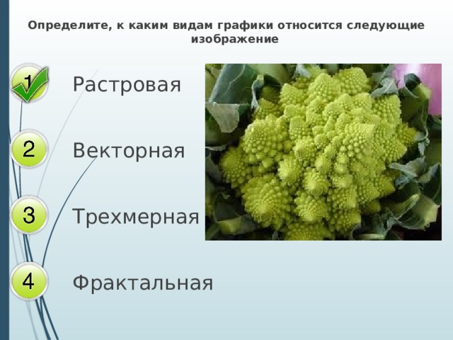 Определите, к каким видам графики относится следующие изображение Растровая Векторная Трехмерная Фрактальная 