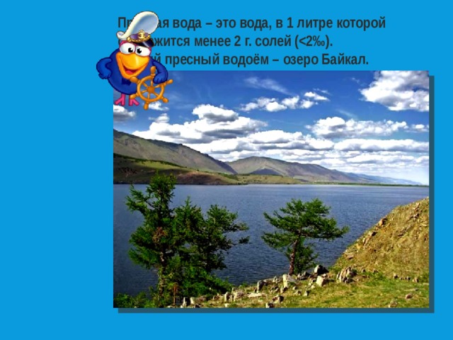 Пресная вода – это вода, в 1 литре которой содержится менее 2 г. солей ( Самый пресный водоём – озеро Байкал. 
