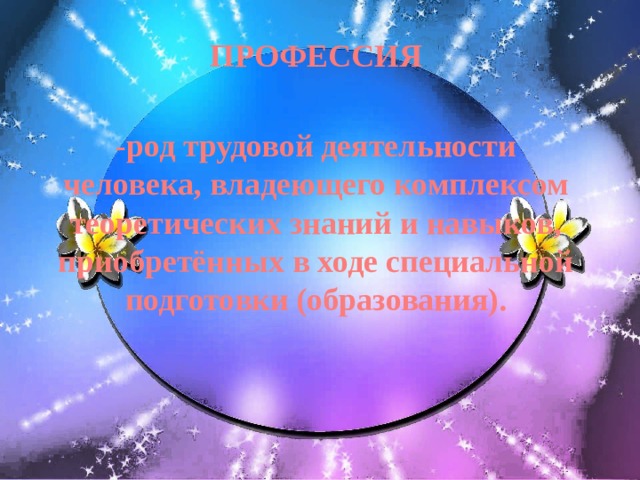 ПРОФЕССИЯ  -род трудовой деятельности человека, владеющего комплексом теоретических знаний и навыков, приобретённых в ходе специальной подготовки (образования). 