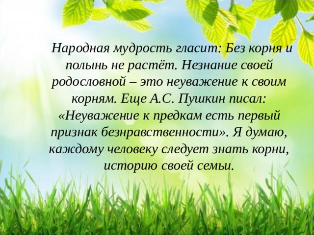  Народная мудрость гласит: Без корня и полынь не растёт. Незнание своей родословной – это неуважение к своим корням. Еще А.С. Пушкин писал: «Неуважение к предкам есть первый признак безнравственности». Я думаю, каждому человеку следует знать корни, историю своей семьи.  