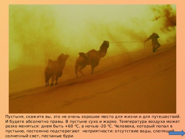 Пустыня, скажите вы, это не очень хорошее место для жизни и для путешествий. И будете абсолютно правы. В пустыне сухо и жарко. Температура воздуха может резко меняться: днем быть +60 ⁰C, а ночью -20 ⁰C. Человека, который попал в пустыню, постоянно подстерегают  неприятности: отсутствие воды, слепящий солнечный свет, песчаные бури. 