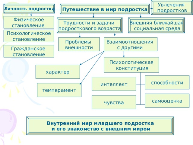 Увлечения подростков Путешествие в мир подростка Личность подростка Физическое становление Внешняя ближайшая  социальная среда Трудности и задачи подросткового возраста Психологическое становление Взаимоотношения с другими Проблемы внешности Гражданское становление Психологическая  конституция характер способности интеллект темперамент самооценка чувства Внутренний мир младшего подростка  и его знакомство с внешним миром 