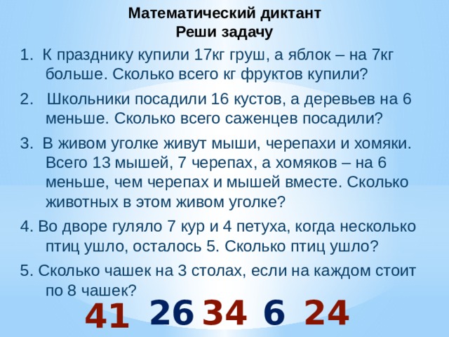 Математический диктант  Реши задачу 1. К празднику купили 17кг груш, а яблок – на 7кг больше. Сколько всего кг фруктов купили? 2. Школьники посадили 16 кустов, а деревьев на 6 меньше. Сколько всего саженцев посадили? 3. В живом уголке живут мыши, черепахи и хомяки. Всего 13 мышей, 7 черепах, а хомяков – на 6 меньше, чем черепах и мышей вместе. Сколько животных в этом живом уголке? 4. Во дворе гуляло 7 кур и 4 петуха, когда несколько птиц ушло, осталось 5. Сколько птиц ушло? 5. Сколько чашек на 3 столах, если на каждом стоит по 8 чашек?  26 34 6 24 41 