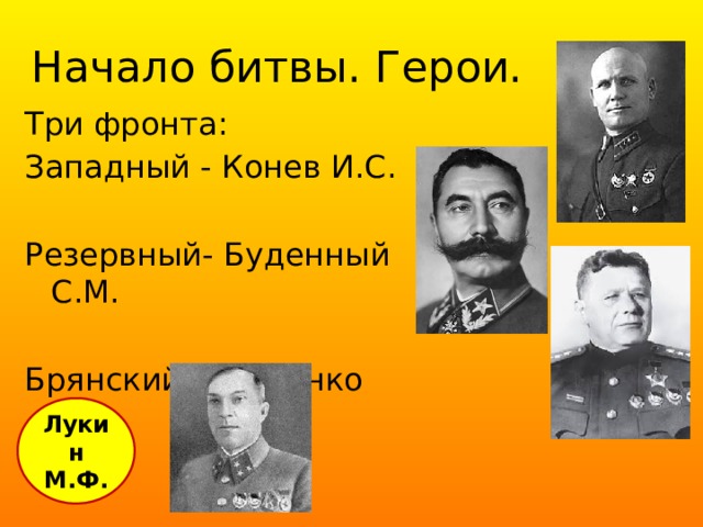 Начало битвы. Герои. Три фронта: Западный - Конев И.С. Резервный- Буденный С.М. Брянский- Еременко А.И. Лукин М.Ф. 