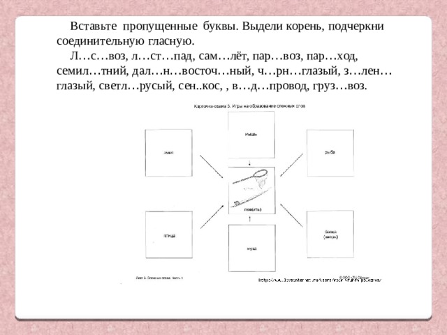 Вставьте пропущенные буквы. Выдели корень, подчеркни соединительную гласную. Л … с … воз, л … ст … пад, сам … лёт, пар … воз, пар … ход, семил … тний, дал … н … восточ … ный, ч … рн … глазый, з … лен … глазый, светл … русый, сен..кос, , в … д … провод, груз … воз. 