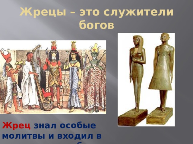 Жрецы – это служители богов Жрец  знал особые молитвы и входил в храм, где жил бог 