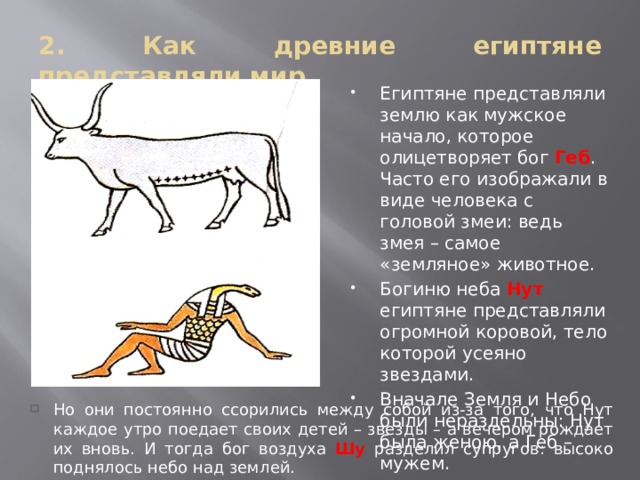 2. Как древние египтяне представляли мир Египтяне представляли землю как мужское начало, которое олицетворяет бог Геб . Часто его изображали в виде человека с головой змеи: ведь змея – самое «земляное» животное. Богиню неба Нут египтяне представляли огромной коровой, тело которой усеяно звездами. Вначале Земля и Небо были нераздельны: Нут была женою, а Геб – мужем. Но они постоянно ссорились между собой из-за того, что Нут каждое утро поедает своих детей – звезды – а вечером рождает их вновь. И тогда бог воздуха Шу разделил супругов: высоко поднялось небо над землей. 