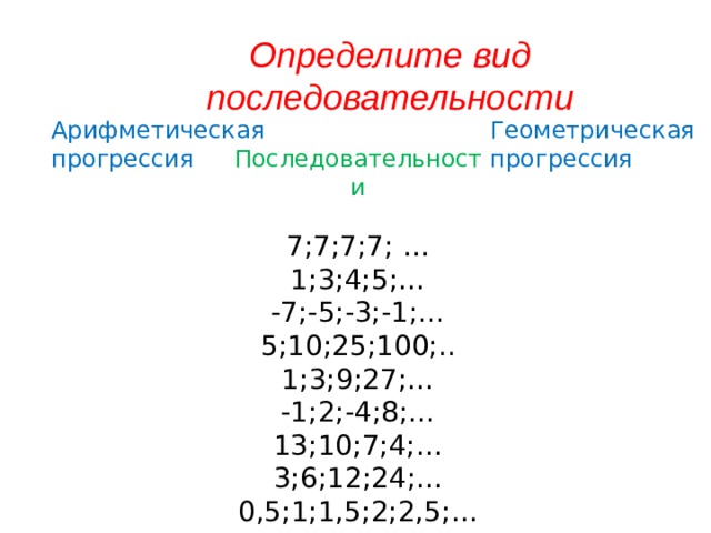 Определите вид последовательности Арифметическая прогрессия Геометрическая прогрессия Последовательности 7;7;7;7; … 1;3;4;5;… -7;-5;-3;-1;… 5;10;25;100;.. 1;3;9;27;… -1;2;-4;8;… 13;10;7;4;… 3;6;12;24;… 0,5;1;1,5;2;2,5;… 