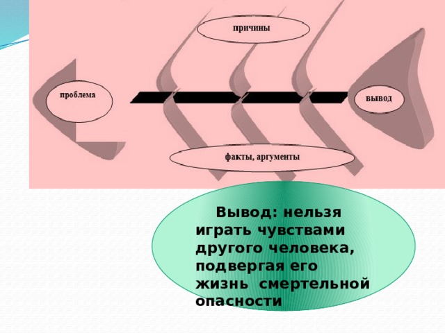  Вывод: нельзя играть чувствами другого человека, подвергая его жизнь смертельной опасности 