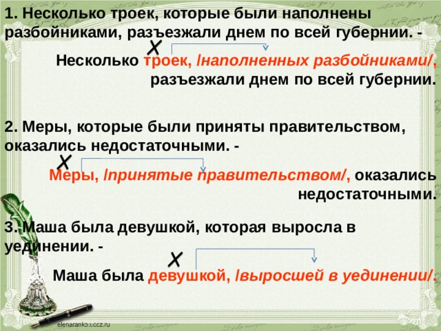 1. Несколько троек, которые были наполнены разбойниками, разъезжали днем по всей губернии. - Несколько троек, / наполненных разбойниками/ , разъезжали днем по всей губернии. 2. Меры, которые были приняты правительством, оказались недостаточными. - Меры, / принятые правительством/ , оказались недостаточными. 3. Маша была девушкой, которая выросла в уединении. - Маша была девушкой, / выросшей в уединении/ . 