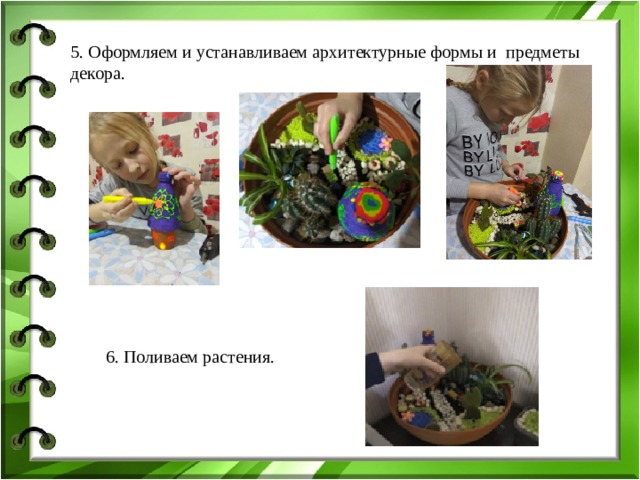 5. Оформляем и устанавливаем архитектурные формы и предметы декора. 6. Поливаем растения. 