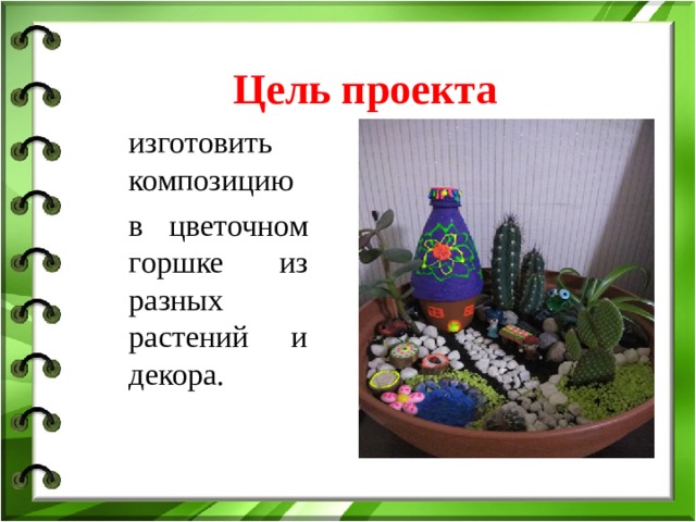  Цель проекта  изготовить композицию в цветочном горшке из разных растений и декора. 