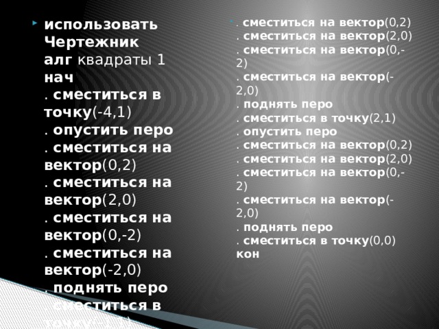 использовать Чертежник  алг  квадраты 1  нач  .  сместиться в точку (-4,1)  .  опустить перо  .  сместиться на вектор (0,2)  .  сместиться на вектор (2,0)  .  сместиться на вектор (0,-2)  .  сместиться на вектор (-2,0)  .  поднять перо  .  сместиться в точку (-1,1)  .  опустить перо   .   сместиться на вектор (0,2)  .  сместиться на вектор (2,0)  .  сместиться на вектор (0,-2)  .  сместиться на вектор (-2,0)  .  поднять перо  .  сместиться в точку (2,1)  .  опустить перо  .  сместиться на вектор (0,2)  .  сместиться на вектор (2,0)  .  сместиться на вектор (0,-2)  .  сместиться на вектор (-2,0)  .  поднять перо  .  сместиться в точку (0,0)  кон 